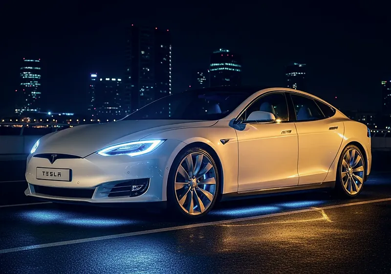 Tesla blanche de MSLK, 100 % électrique, devant la ville de nuit