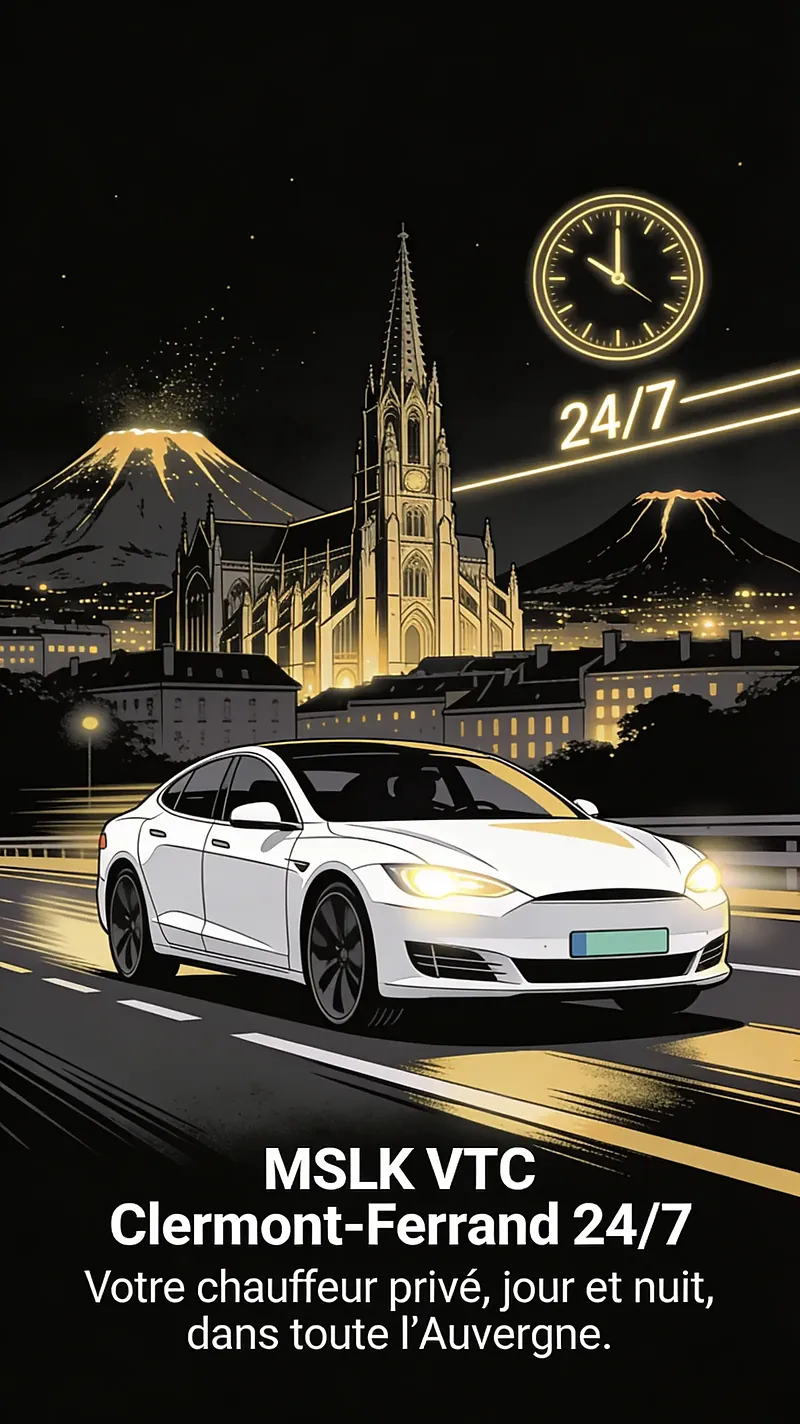 Affiche MSLK VTC Clermont-Ferrand 24/7 : votre chauffeur privé, jour et nuit, dans toute l'Auvergne