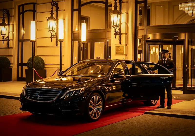 Mercedes Classe S de prestige sur un tapis rouge devant un hôtel, chauffeur en costume