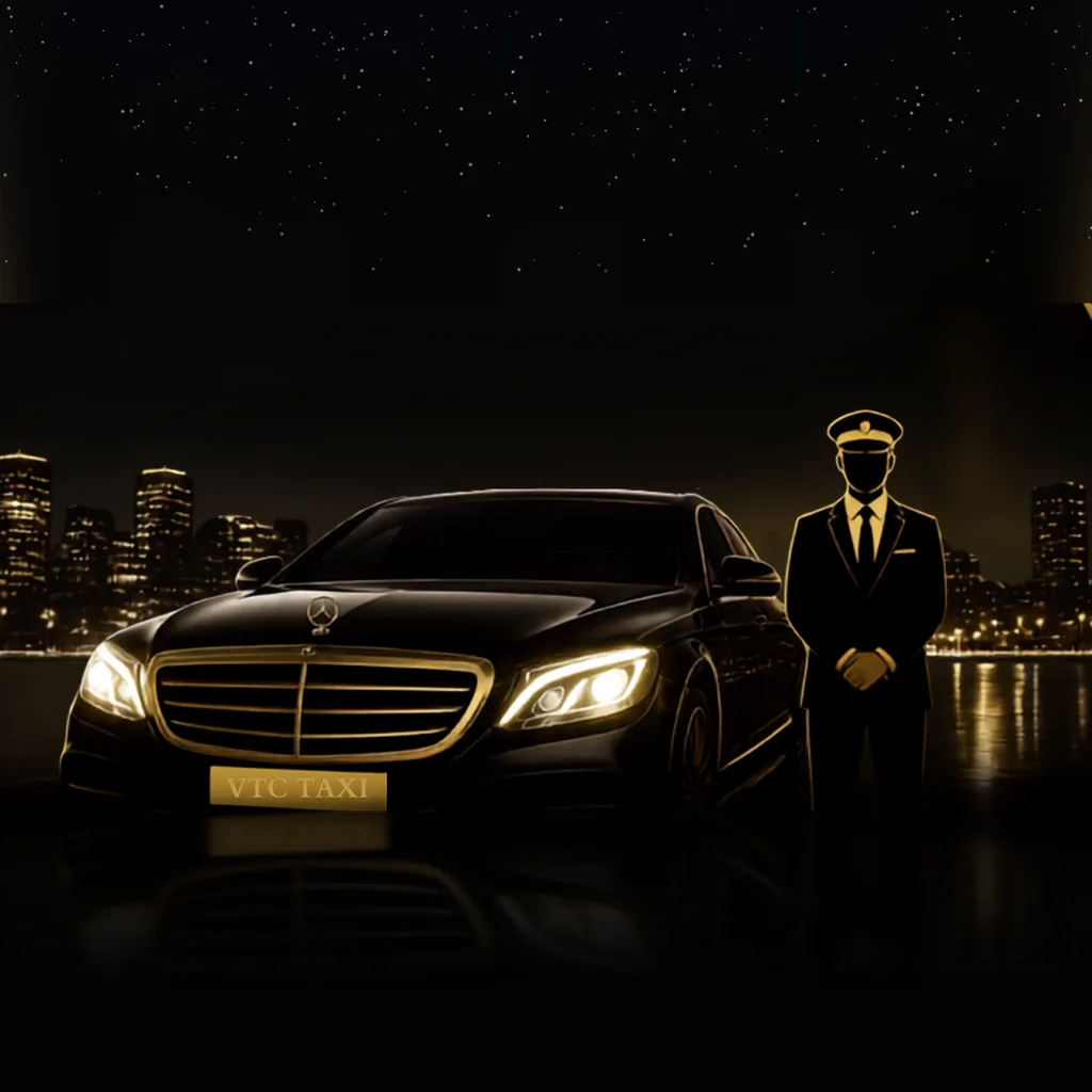 Mercedes noire de MSLK et son chauffeur devant la ville de Clermont-Ferrand de nuit